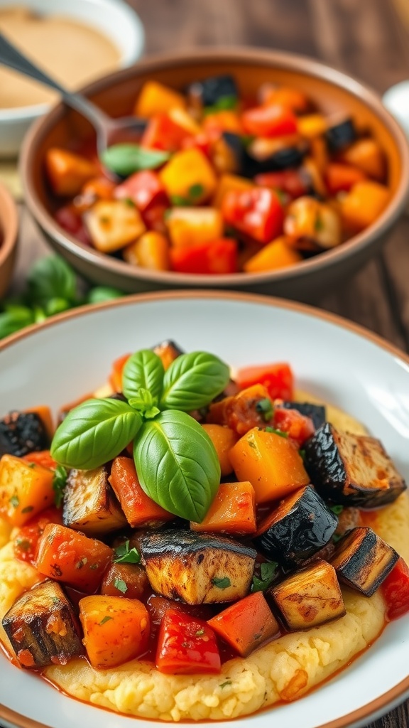 A bowl of ratatouille with creamy polenta, featuring colorful vegetables in tomato sauce and garnished with basil.